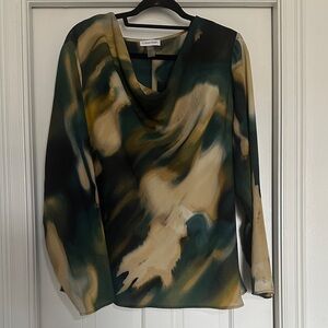 Calvin Klein Green, Cream & Black Abstract Cowl-Neck Long Sleeve Blouse